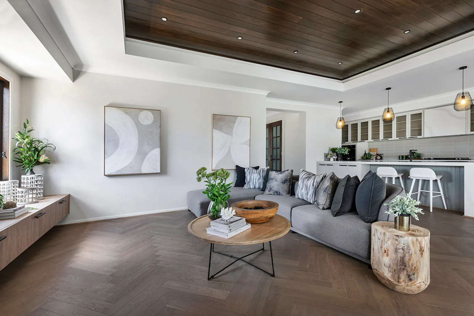 10. The dark timber cladding on the roof of the Fortitude near Sheppparton, Victoria is the focal point of this open plan area